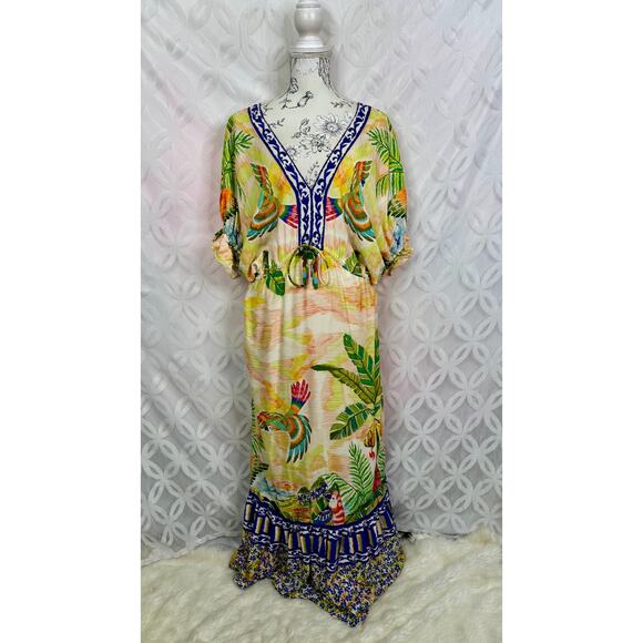 Farm Rio Tropical Floral V-Neck Puff-Sleeve Resort Wear Maxi Dress Size S - Picture 1 of 12